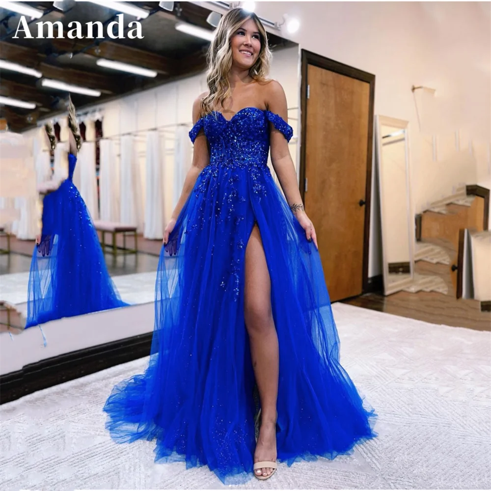 Amanda Off Shoulder فساتين السهرة Sexy Sequins Chest A-line Prom Dress 2023 Glitter Outlayer Side Split TulleProm Gown