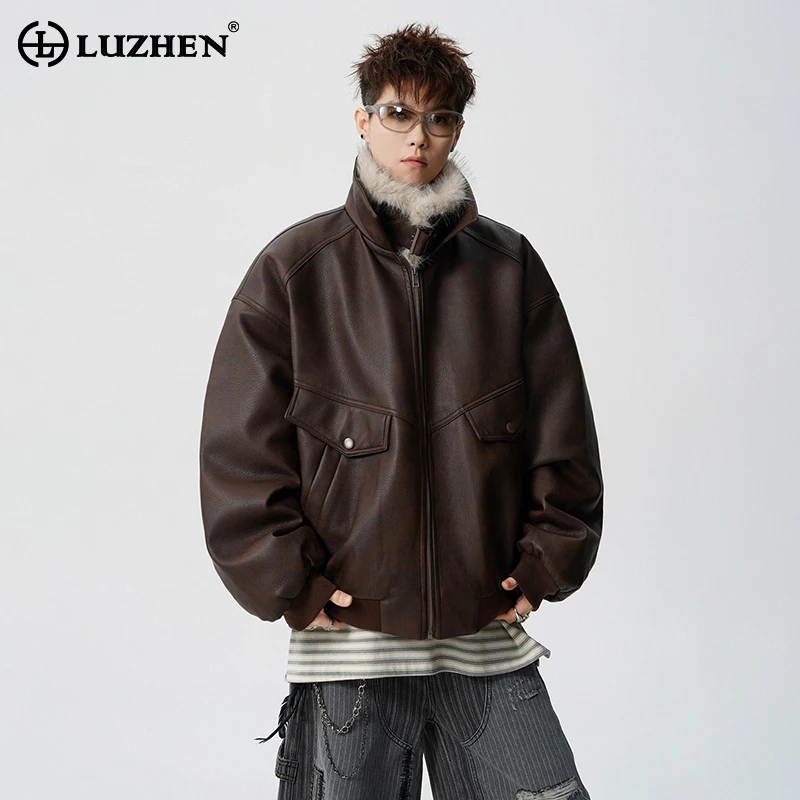 

LUZHEN 2025 Winter Fashion Faux Fur Edge Patchwork Design Padded Leather Jacket Men's Handsome Thickened Warm Parka Coat JY5243