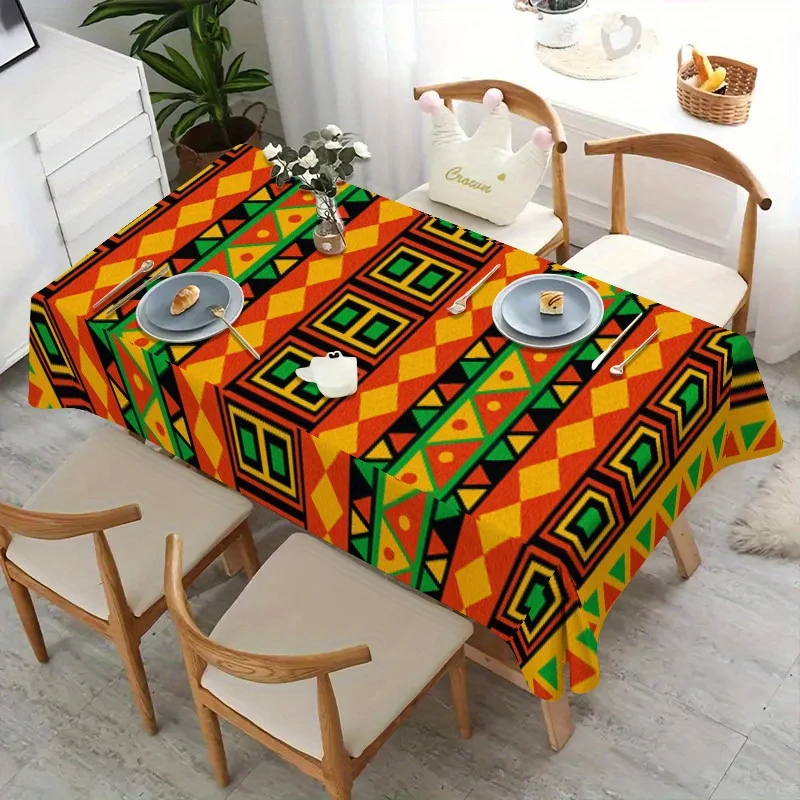 2D flat single-piece African-style tablecloth, multi-color geometric tribal pattern (green/red/yellow/black/white)zyc