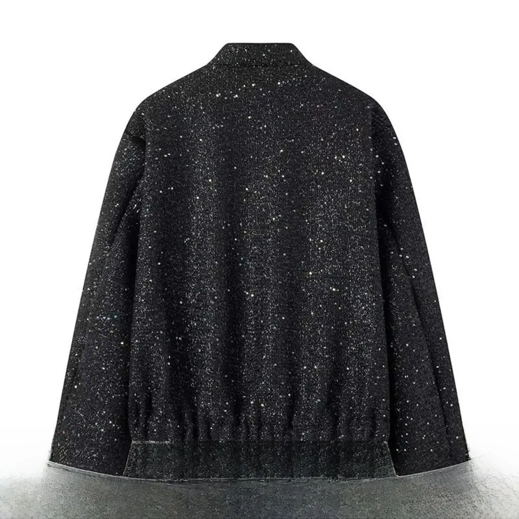 

Spring Women's Black Loose Sequined Jacket European American Style New Casual Elegant Outerwear for Ladies
