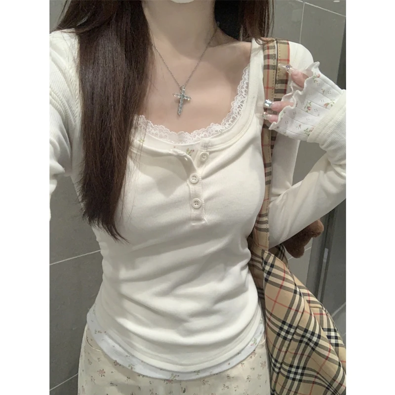 Sweet Gyaru Lace  U Collar Small Floral Long sleeves Shirt Women Spring 2025 New Slim fit Inner wear Bottoming Shirt Top