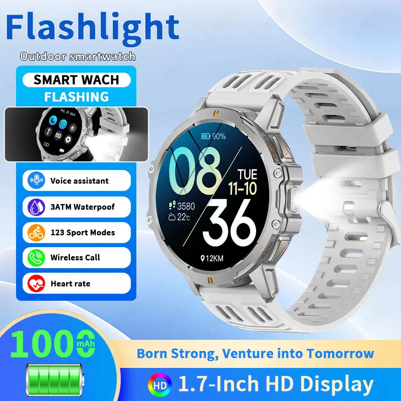 

LIGE 1000mAh Battery 3ATM Waterproof Sports Fitness Tracker 1.7“Screen Smart Watch LED Flashlight Bluetooth Call Smartwatch Men