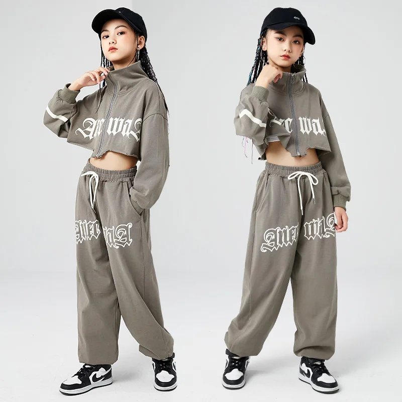 Costume de danse jazz pour filles, vêtements K-pop pour enfants, vêtements hip hop, sweat-shirt court gris pour adolescent, jogging de sport décontracté, pantalon