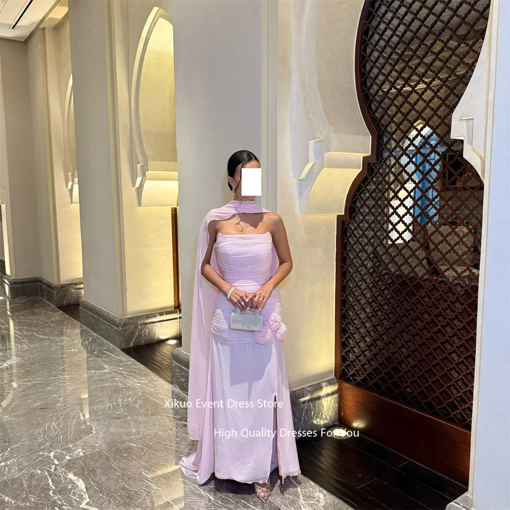 Xikuo Strapless Pink Chiffon Evening Dress 3D Flowers Ruched Prom Dresses Side Slit Straight Vestidos De Fiesta Mujer Customized