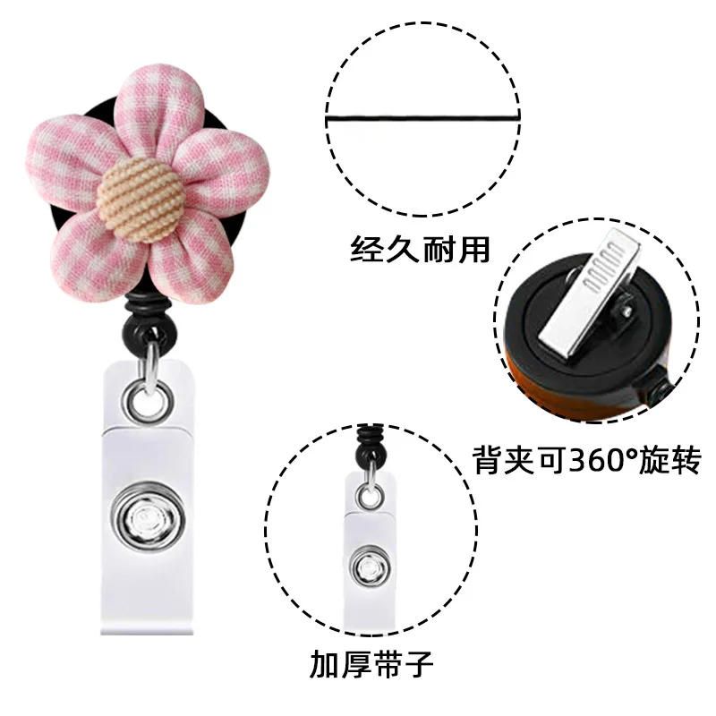 Linen Cloth Badge Reel Decorated With Flower Pattern Telescopic Retractable ID Holder Portable Badge Clip For Nurse Student