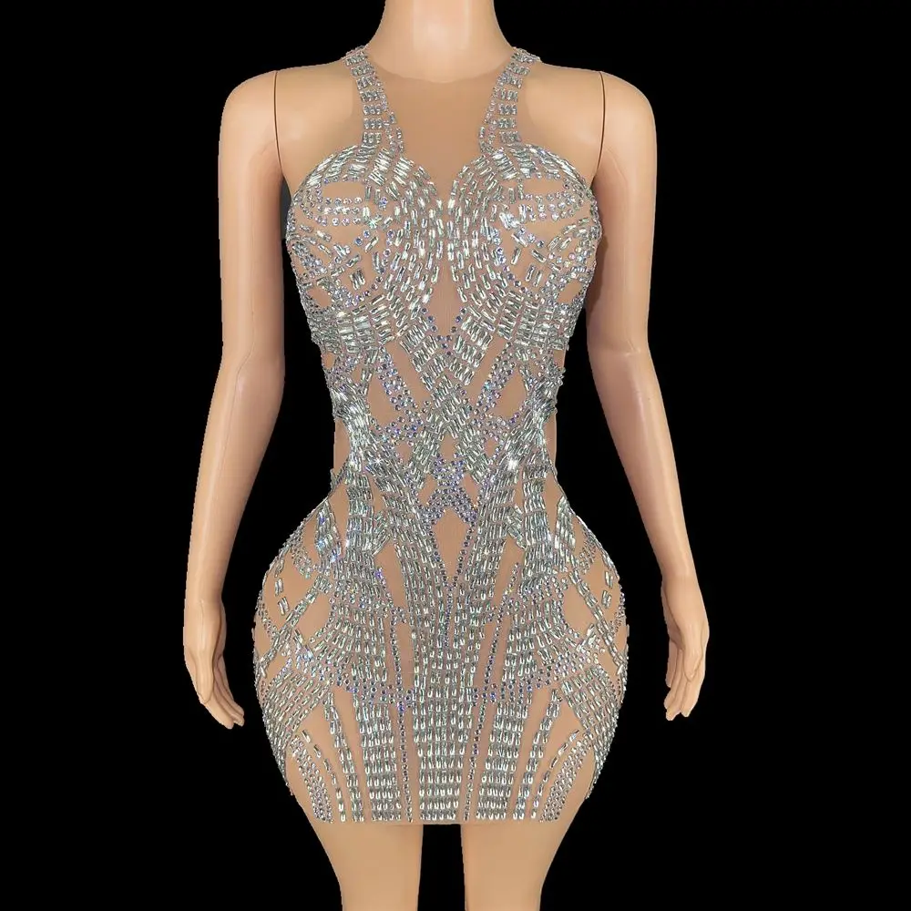 Vestido corto con diamantes de imitación brillantes para mujer, malla transparente sin mangas, Sexy, fiesta de celebración de cumpleaños, ropa para sesión de fotos