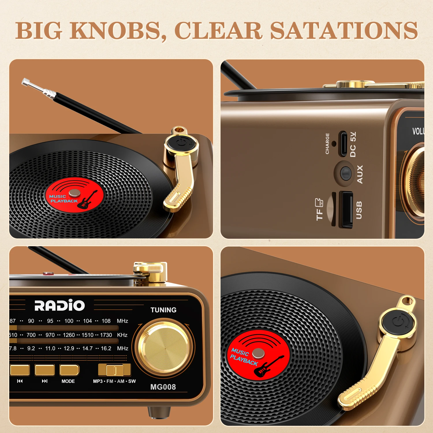 راديو بنمط مشغل الفينيل القديم، FM/AM/SW محمول وبث لاسلكي، ديكور عتيق فريد للمنزل وفكرة هدية