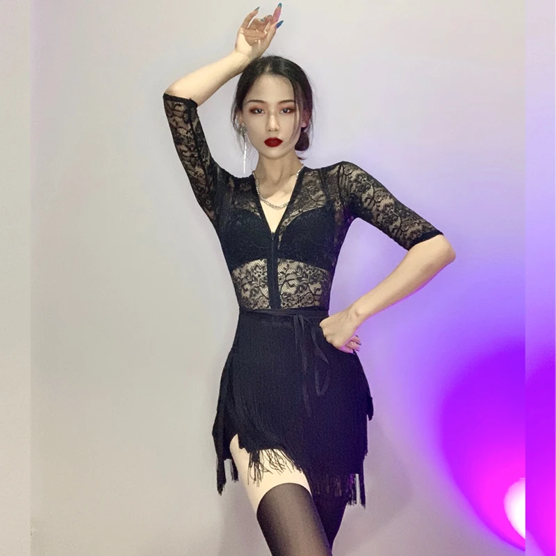 

2022 New Women Dance Wear Ballroom Dress Samba Costume Sexy Party Dresses Floral Lace One-piece Latin Dress