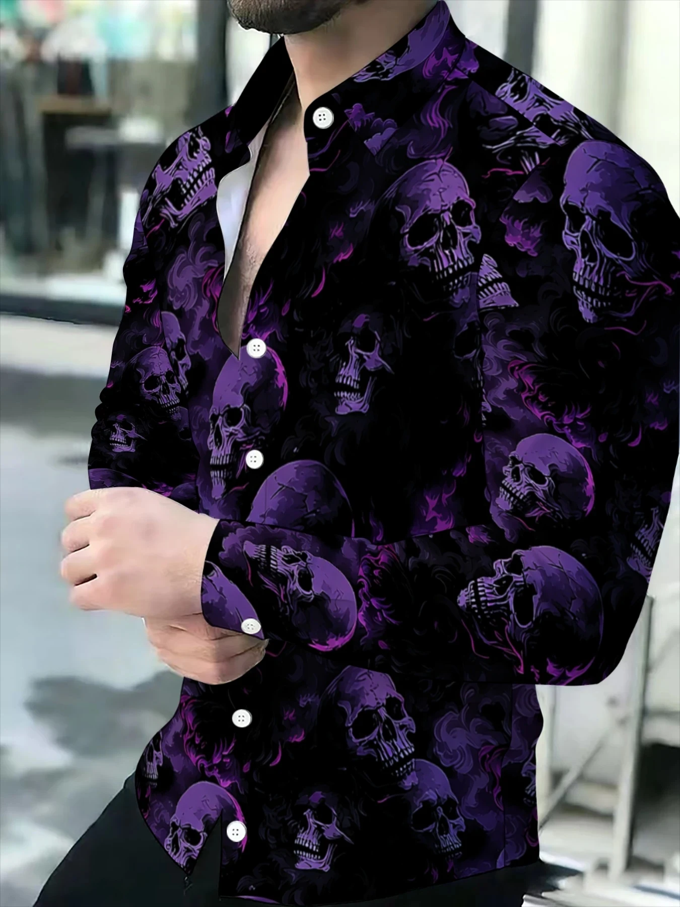 Men Long Sleeve Button Down Shirt Black Purple Skull Floral All‑Over Print Polyester Lapel Collar Halloween Party