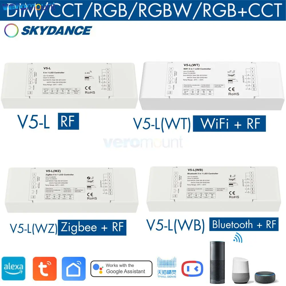 Tuya Wifi ZigBee Bluetooth 2.4G RF RGB CCT RGBWW RGBCCT 5 in 1 LED Controller Smart Life App Voice CV Controller 12V 24V DC 30A