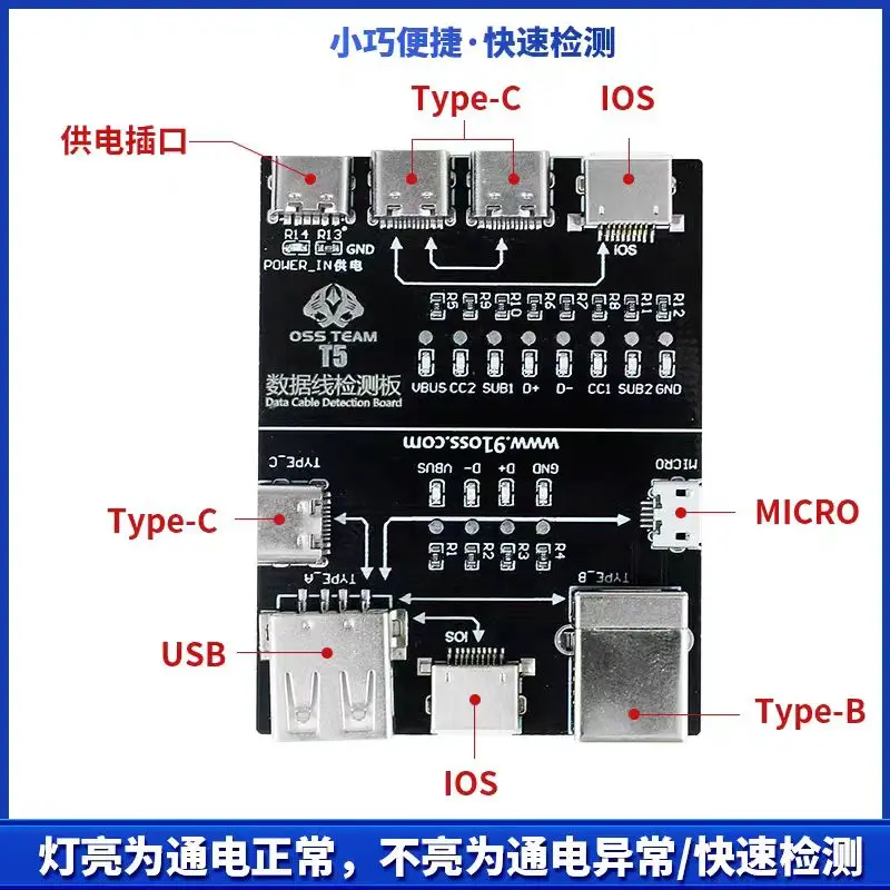 OSS T5 On-Off Data Cable Detection Board for iPhone, Android Data Cable, Type-C Micro Lightning Data Switching Test Board