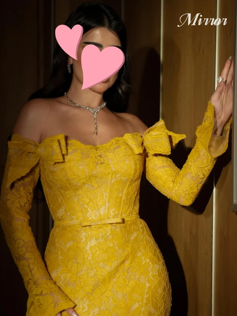 Vestido con espejo elegante Vintage dulce encaje amarillo sirena arco cuello barco personalizar ocasión Formal vestido de fiesta vestidos de fiesta de noche