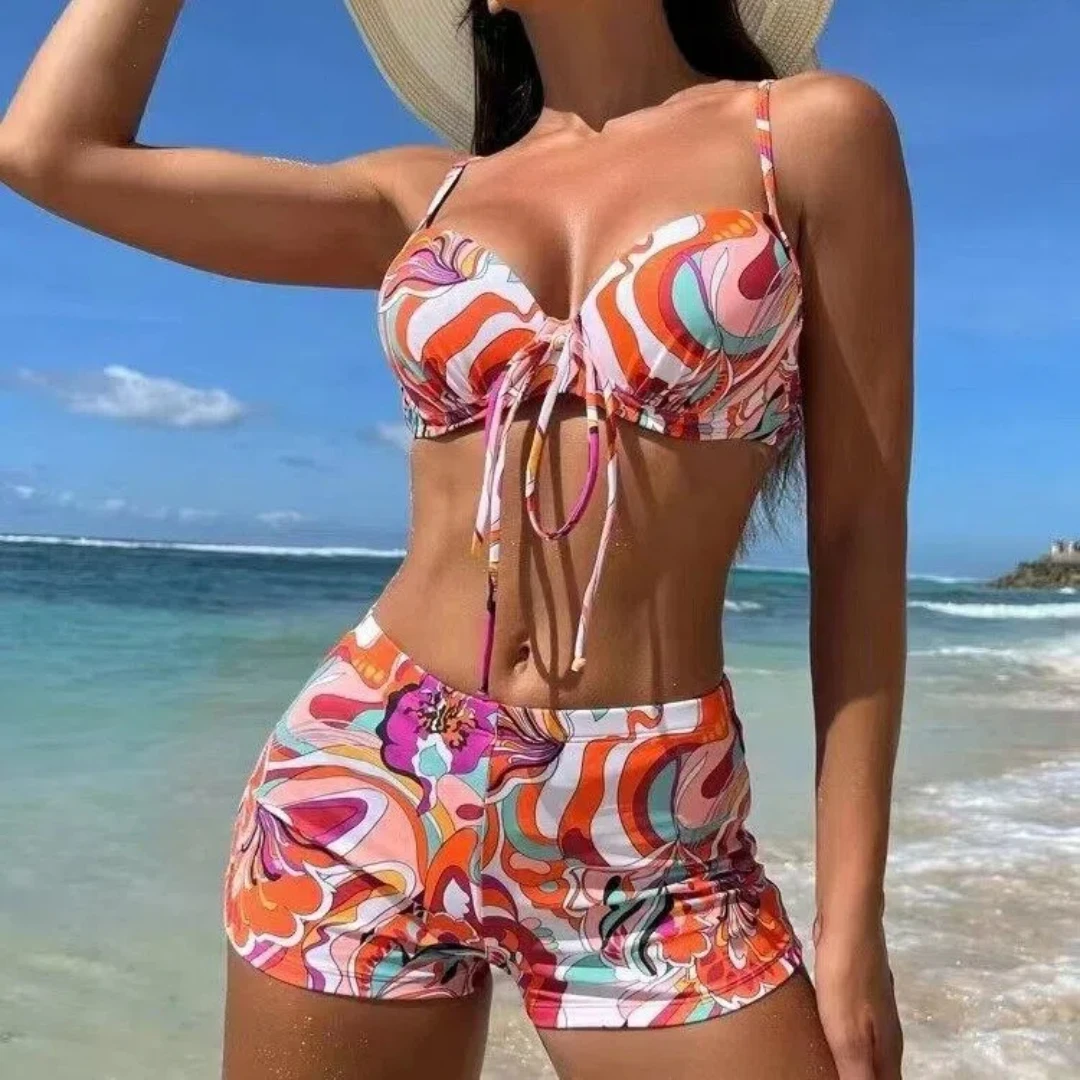 

2025 Women's Modest Floral Doodle Swimsuit Underwire Full Coverage Boy Shorts Two Piece Set Floral Shorts Suit Swim Beachwear