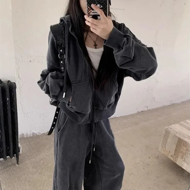 2025 nuove donne allentate con zip americana felpa con cappuccio lavata vintage nero grigio autunno inverno moda casual streetwear