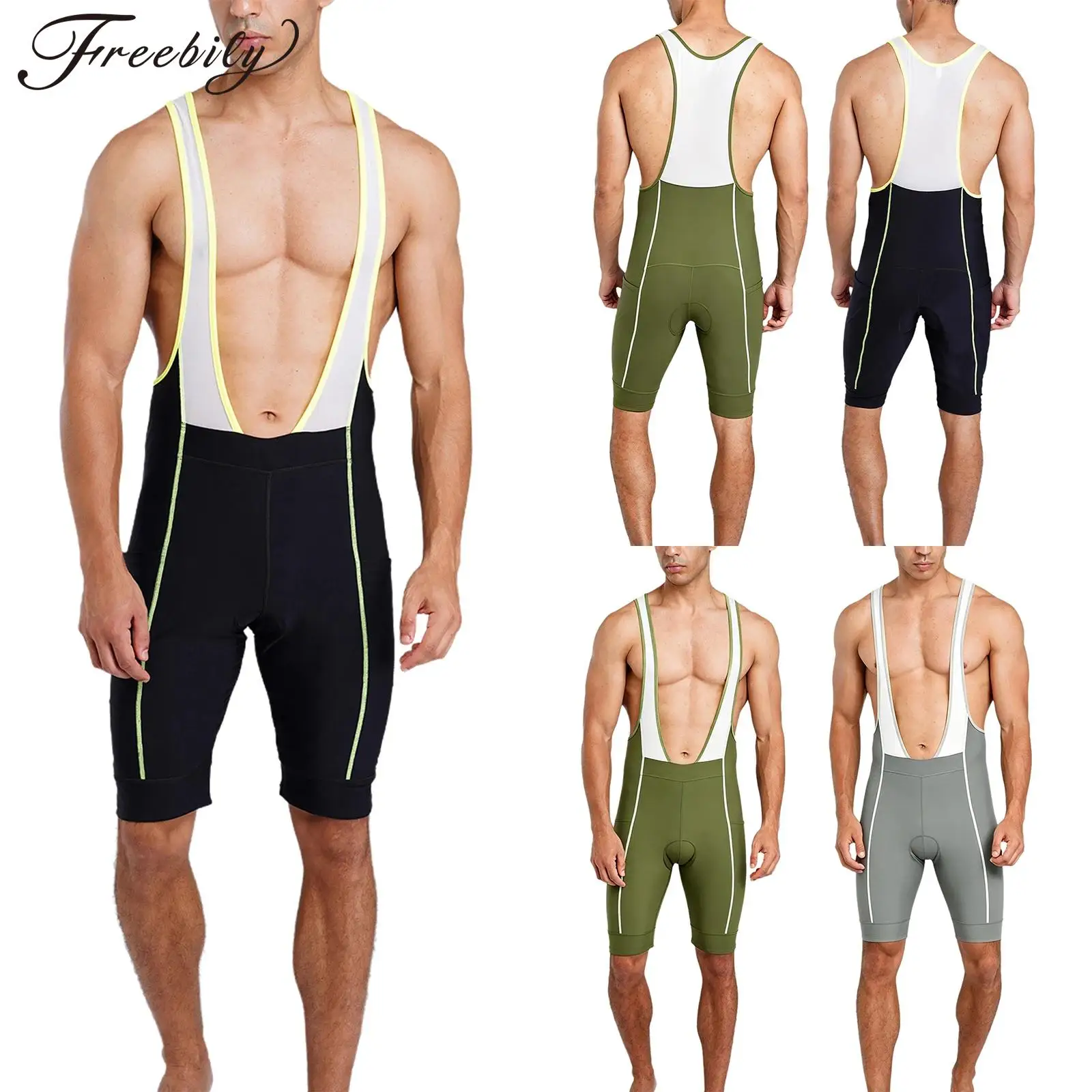 Men Sleeveless Padded Cycling Jumpsuit Deep U Neck Color Block Mesh Patchwork Bike Overalls SPORTS Jumpsuit with Pockets