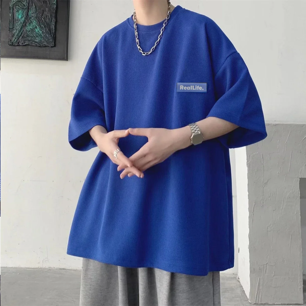 

Pop Fashion Solid Polyester T-shirts For Men Basic Tee Casual T Shirt Oversized Tops Waffle Unisex Short Tshirts Tees Men Clothi