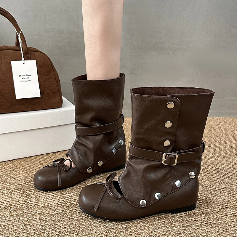 Women Detachable Rivet Mid Calf Boots Bow Strap Buckle Internal Elevation Shoes Vintage Autumn Slip On Mordern Booties