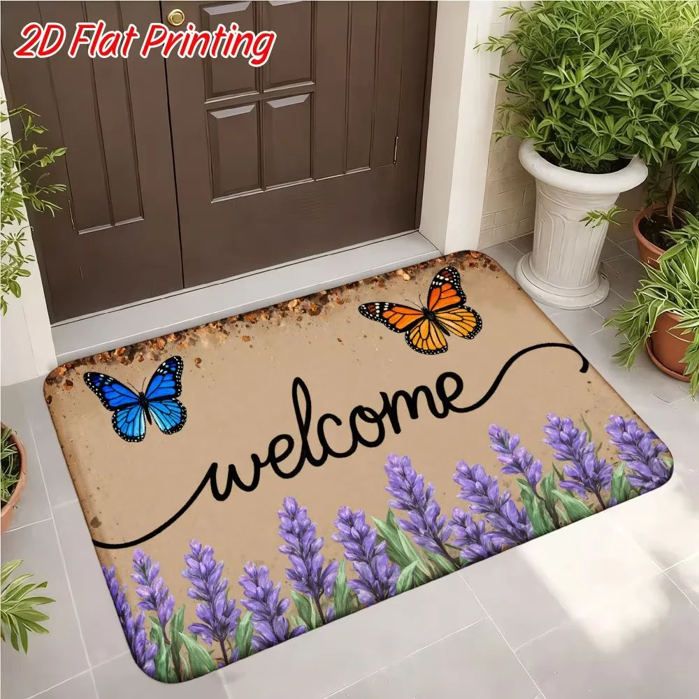 Butterfly Welcome Entrance Door Mat Lavender Flower Floor Rug for Hallway Porch Home Decor Creative Area Garden Foot Pad