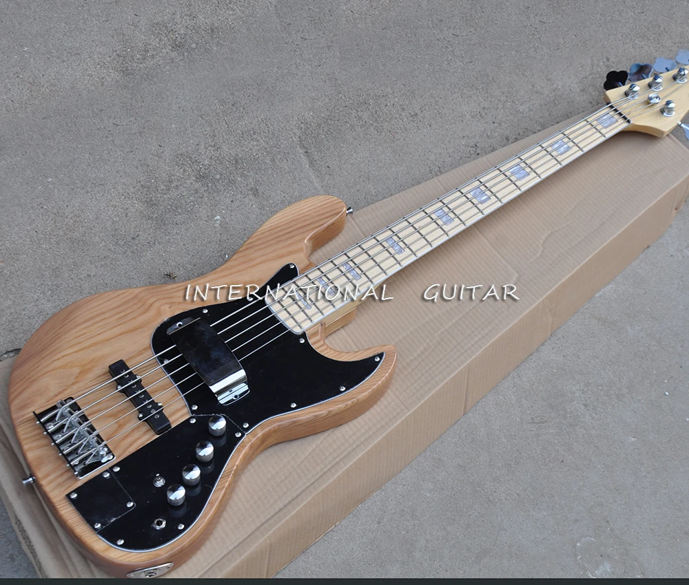 Natural Wood Color 5 Strings Ash Electric Bass Guitar with Active Circuit,Maple Fretboard,White Pearl Inlay,Customizable