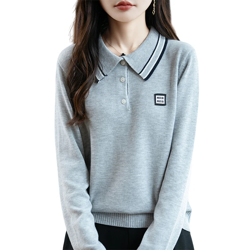 

2025 Autumn Color Blocked POLO Collar Pullover Women's Knitted Wool Blend Sweater Long Sleeve Soft High Quality Basic Loose Tops