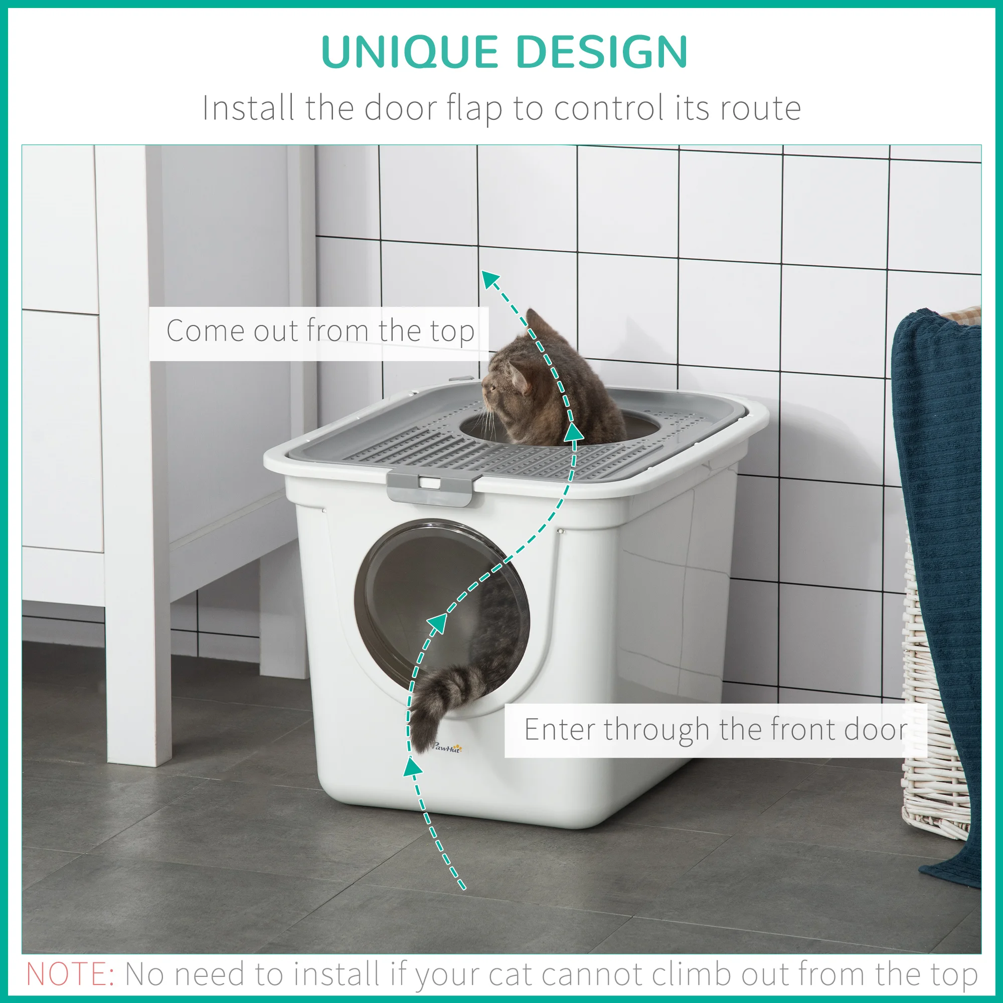 PawHut Cat Litter Tray Pet Litter Box w/ Front Entrance, Top Exit, Scoop - White