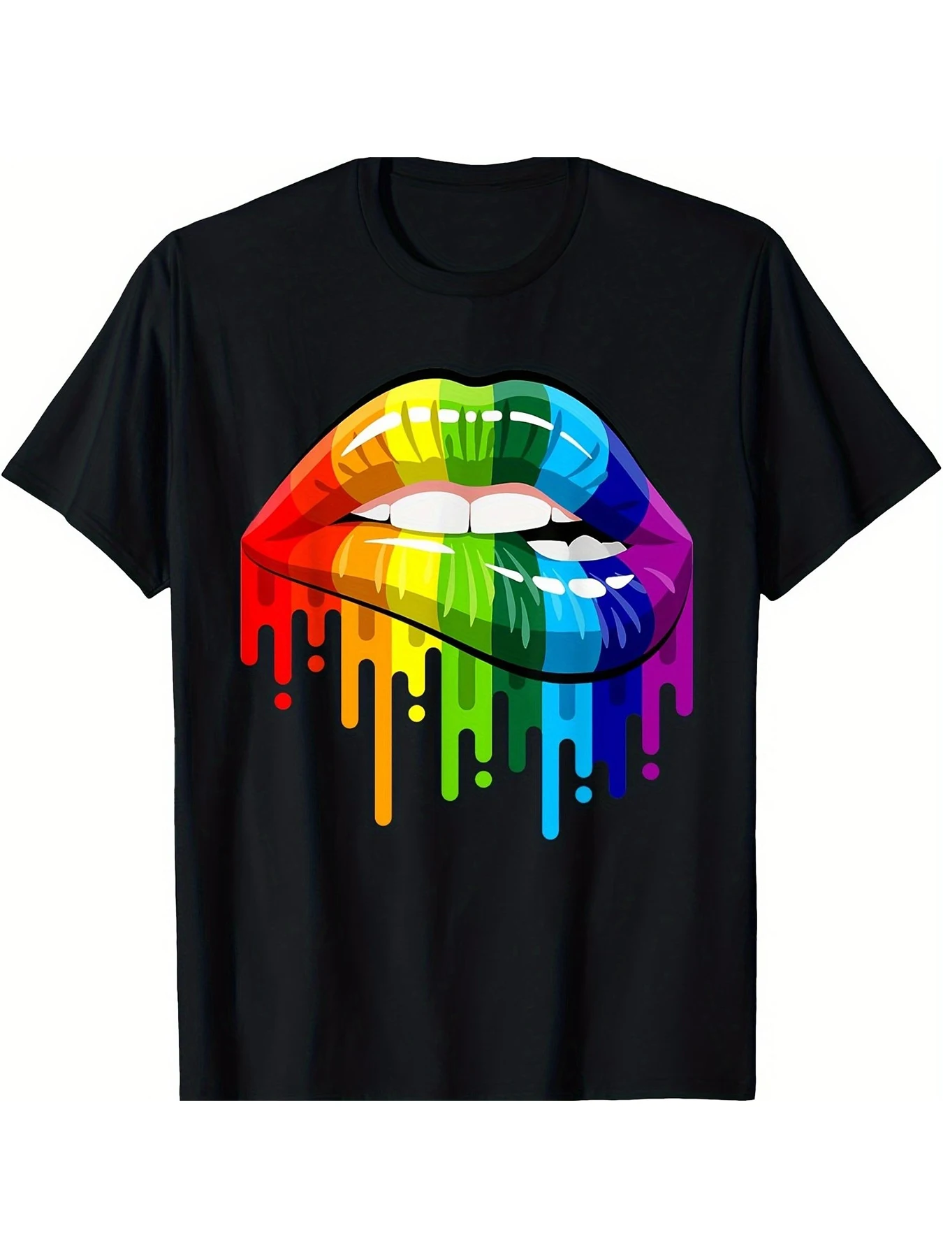 Camiseta de manga corta con estampado de labios arcoíris y colores que brillan, para hombre y mujer, cuello redondo, color negro