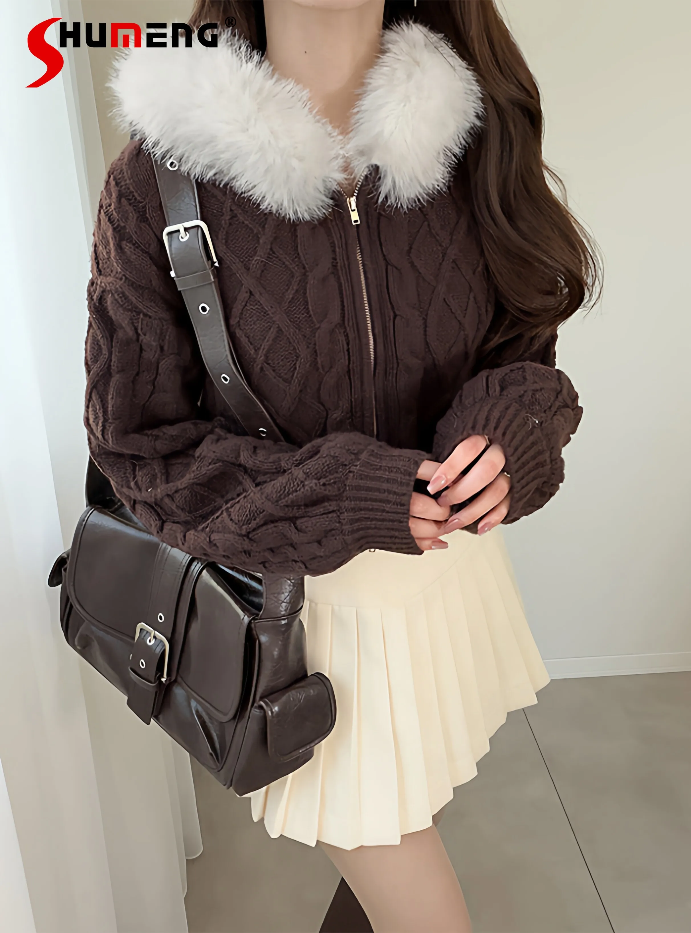 

Japanese Style Elegant Sweet Double-zipper Plush Hooded Short Knitted Cardigans for Women Versatile Long Sleeve Knitwear Jackets