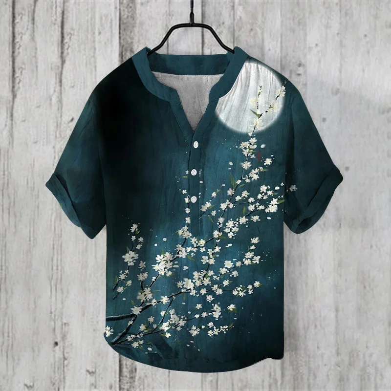 

Fashionable retro style shirt, plum blossom sunrise art shirt, men's casual shirt, short sleeved top