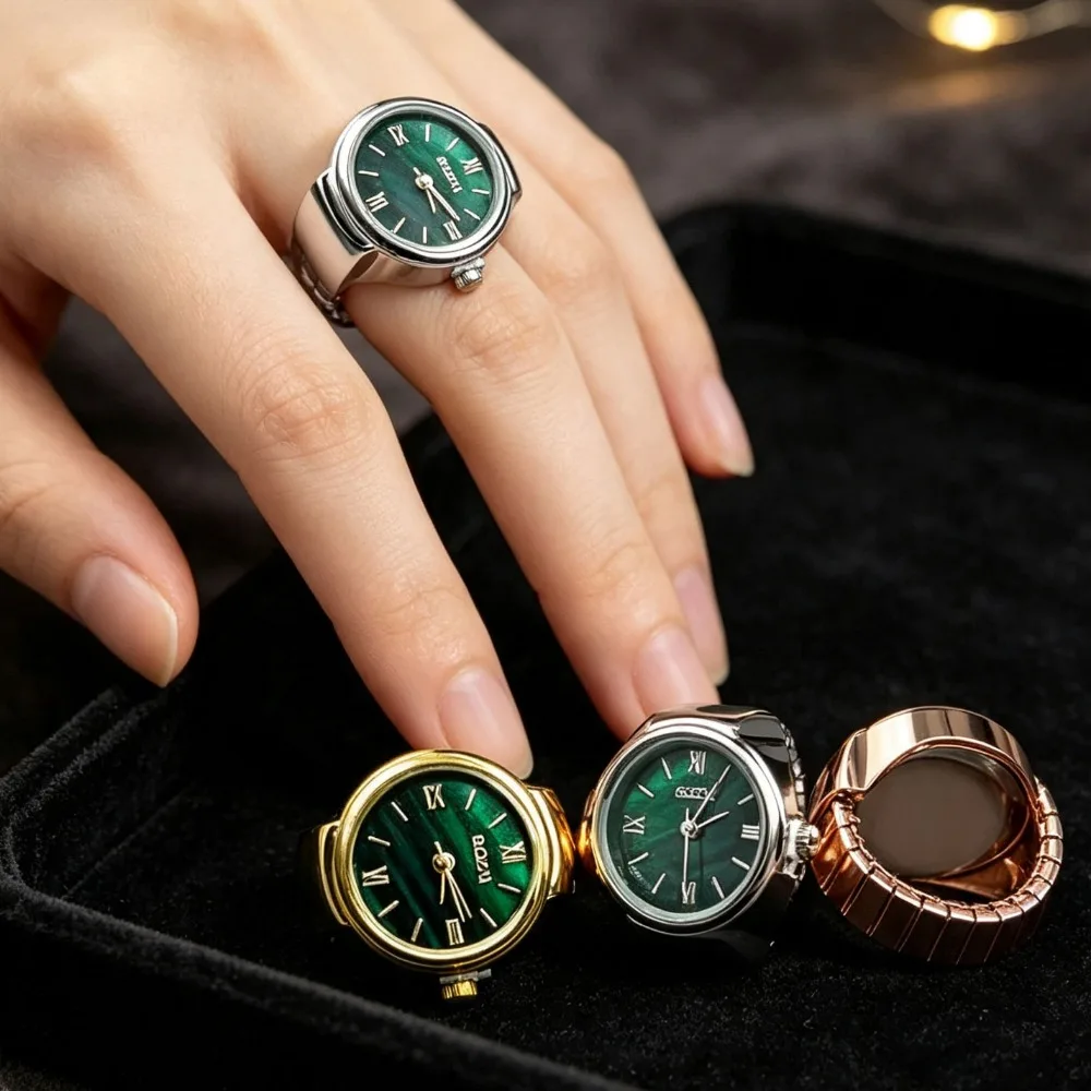 Round Dial Finger Watch, Stainless Steel Link Classic Quartz Watch Ring Trendy Jewelry for Men Women