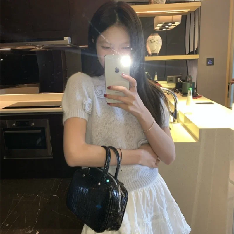 Kırpma Kazaklar 3D Çiçek Tatlı Tüm Maç Sokak Şıklığı Yaz Kızlar İnce Süveter Triko Yuvarlak Boyun Kabarık İhale Estetik Şık