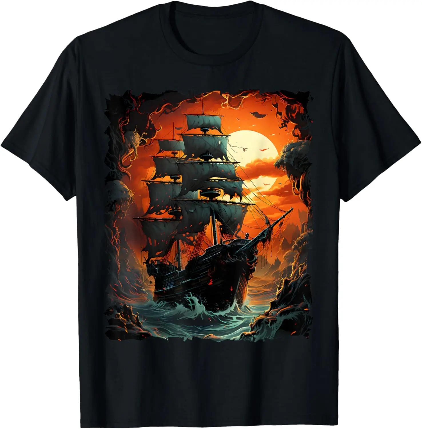 

Dark Pirate Ship Sunset Graphic Tee Men's Breathable Cotton Short Sleeve Trip Wear