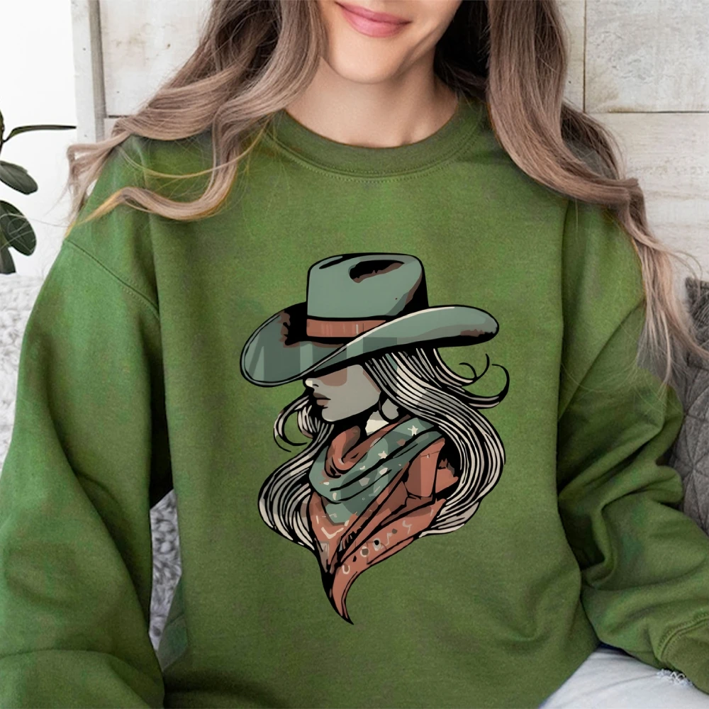 Y2k グラフィックスウェットシャツカウガールハットスカーフプリントスウェットシャツウエスタンソフト生地カジュアル服トレンディなユニークな大胆な雰囲気スウェットシャツ