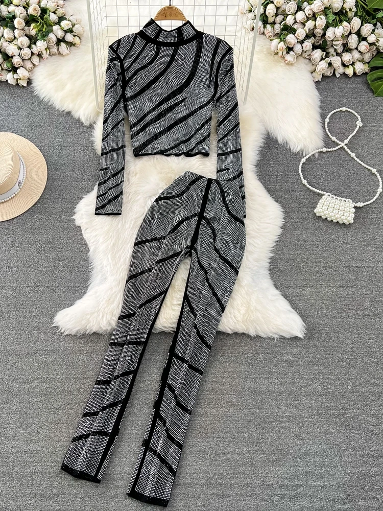 Spring Autumn Women Diamonds Striped Two Piece Set Gold/Silver/Black Stand Collar Long Sleeve Short Tops + Pants Suit 2Pcs New