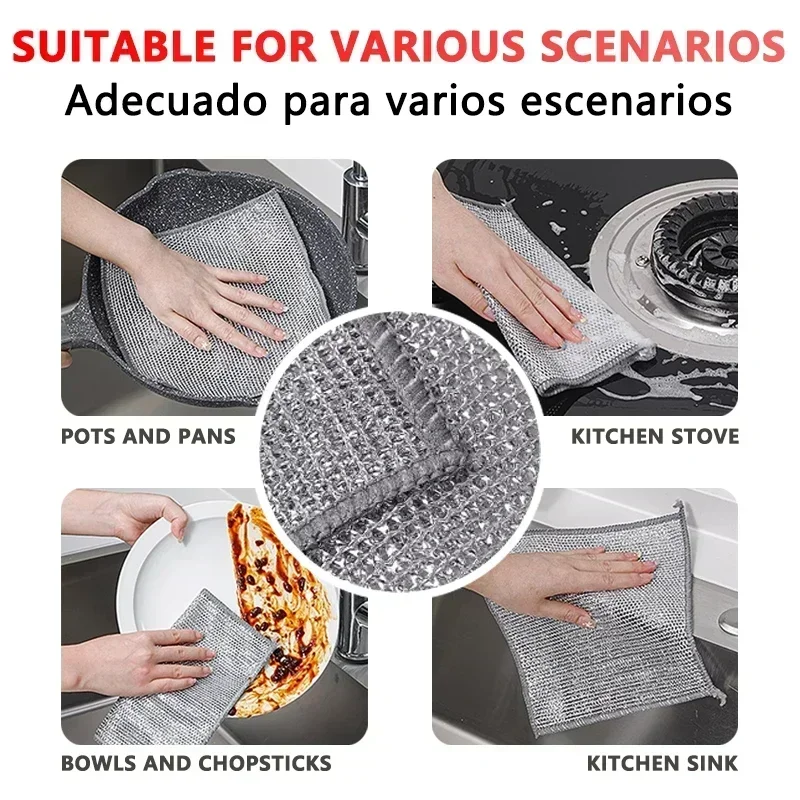 Magic Dishcloth Silver Wire Kitchen Cleaning Cloth Goods Thickened Microfiber Wash Towel Built-in Sponge Stainless Steel Sponge