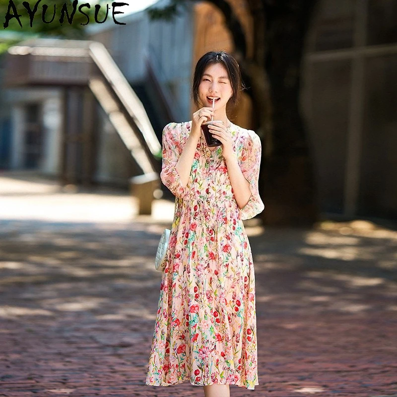 

AYUNSUE 100% Mulberry Silk Womens Dress Floral Print Elegant Dress Summer Woman Clothes Vestidos Femininos Tendência 2025
