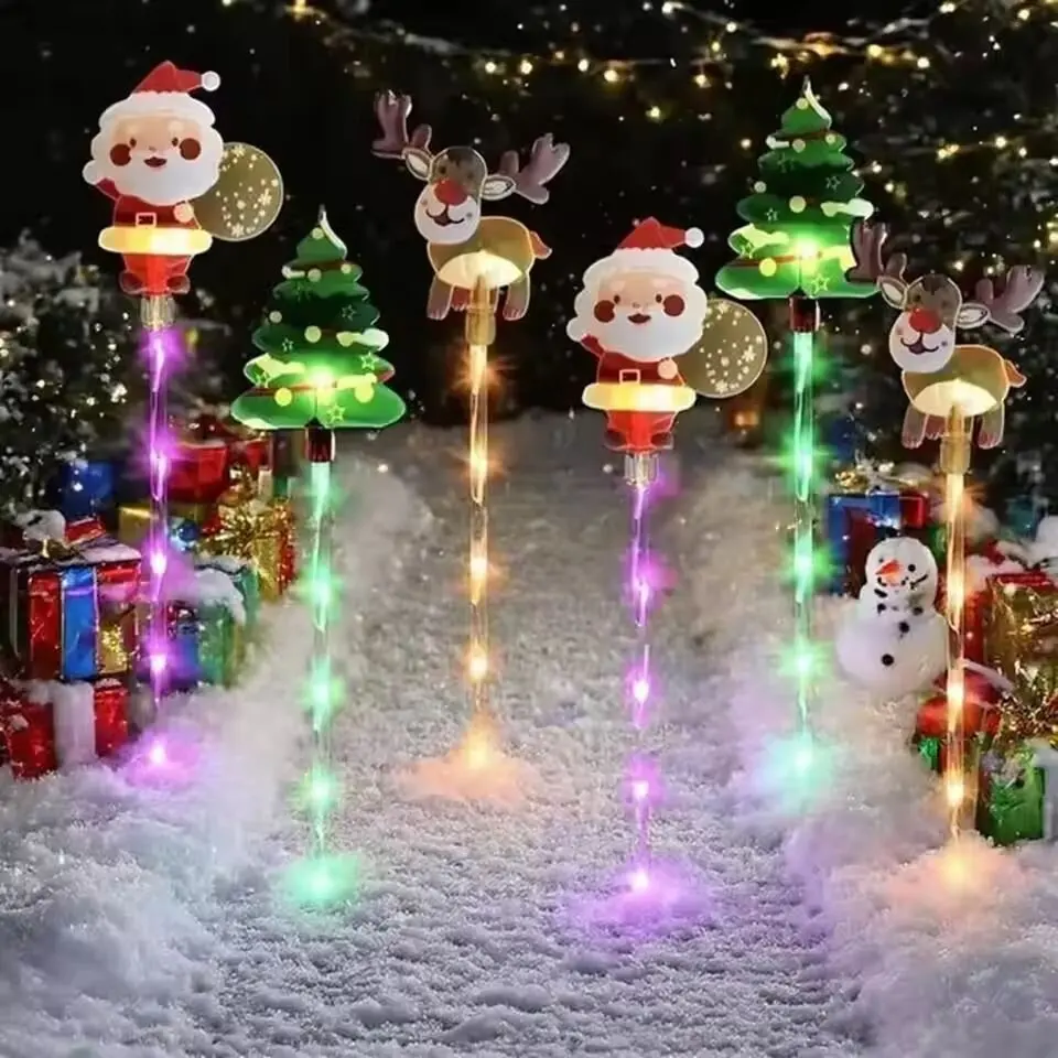 6 Pcs Led Solar Christmas Stake Lights 8 Modes Santa Claus Reindeer Tree Snowman Lawn Lamp Outdoor Holiday Decor For Yard Garden