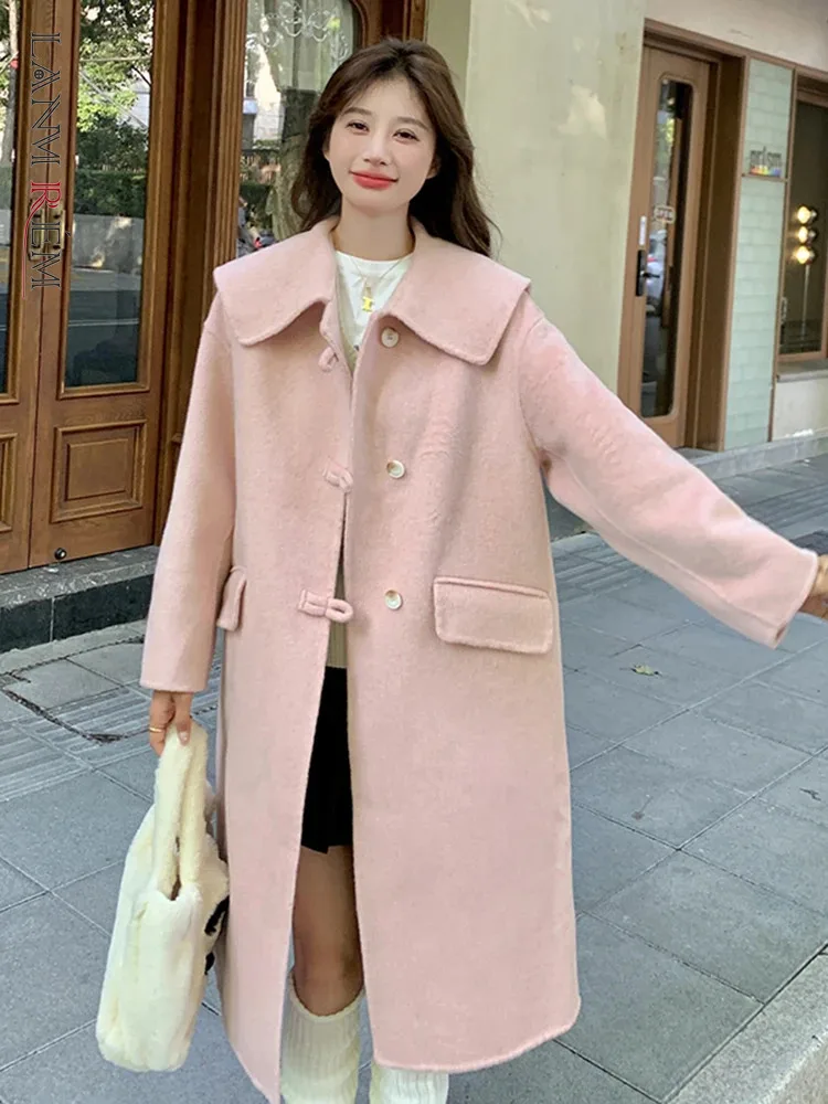 

LANMREM Sweet Double Sided Woolen Coat For Women Sailor Collar Single Breasted Solid Color Coats 2024 Autumn Winter New 2Z2917