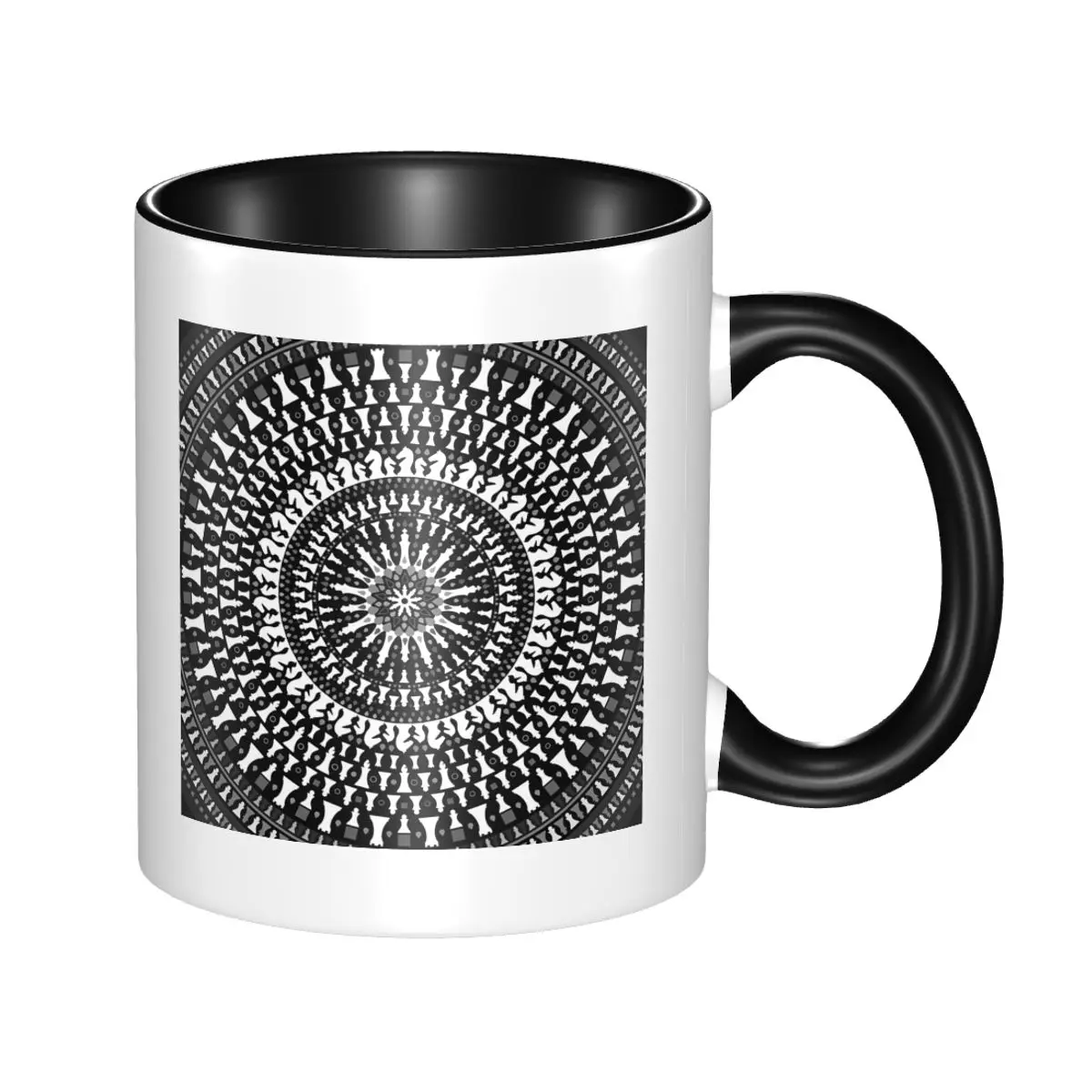 Grayscale Chess Piece Mandala Ceramic Mug - Unique Chess Art Drinkware