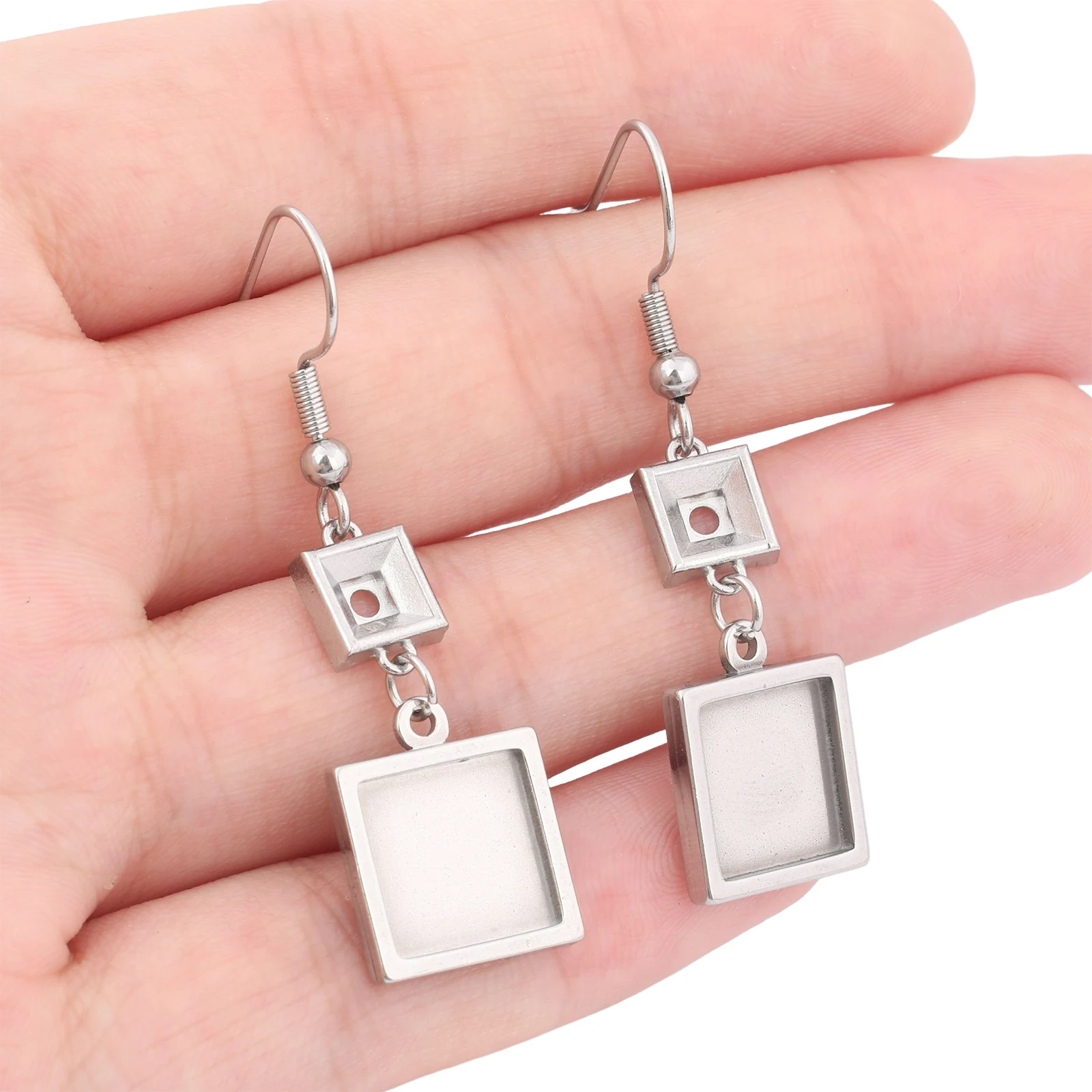 10pcs Stainless Steel Dangle Earring Base Blanks Fit 5mm 10mm Square Cabochon Earrings Bezel Setting Trays Diy Hooks Findings