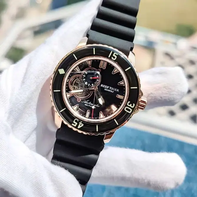Reef Tiger Men Automatic Watch 44mm Mechanical Wristwatch Diver 20Bar Waterproof Luminous Sapphire Mirror 24 Hours Skeleton