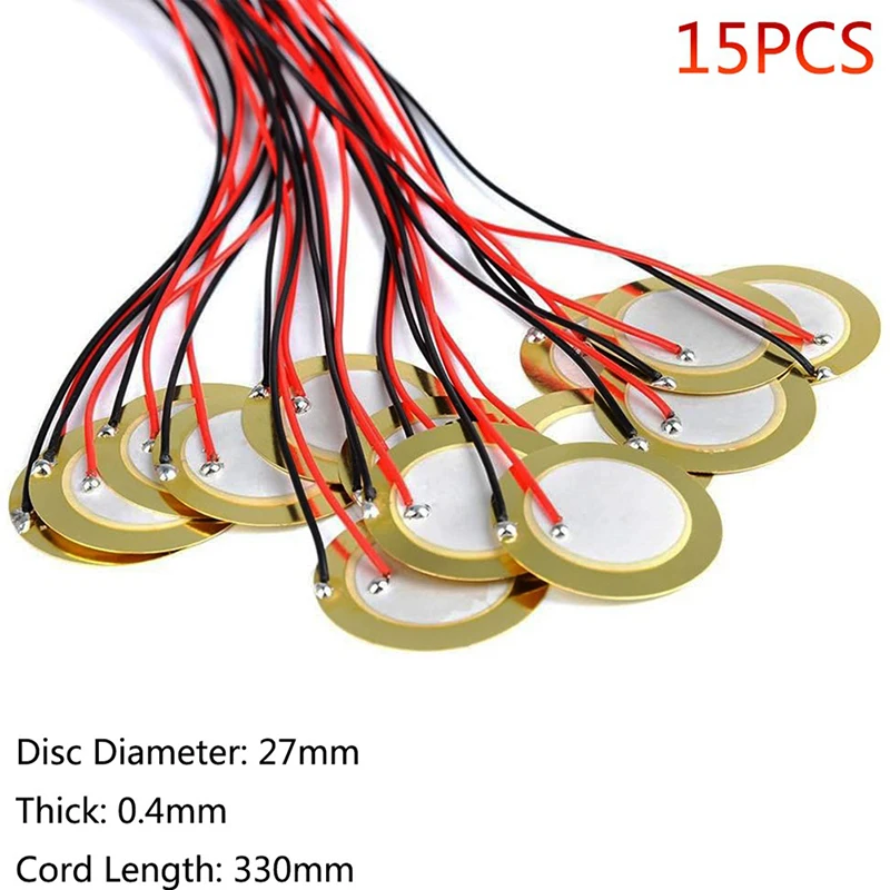 15PCS Piezo Pickup 20mm Pre-wired Piezo Elements Buzzer Sounder Sensor Trigger Drum Disc with 10