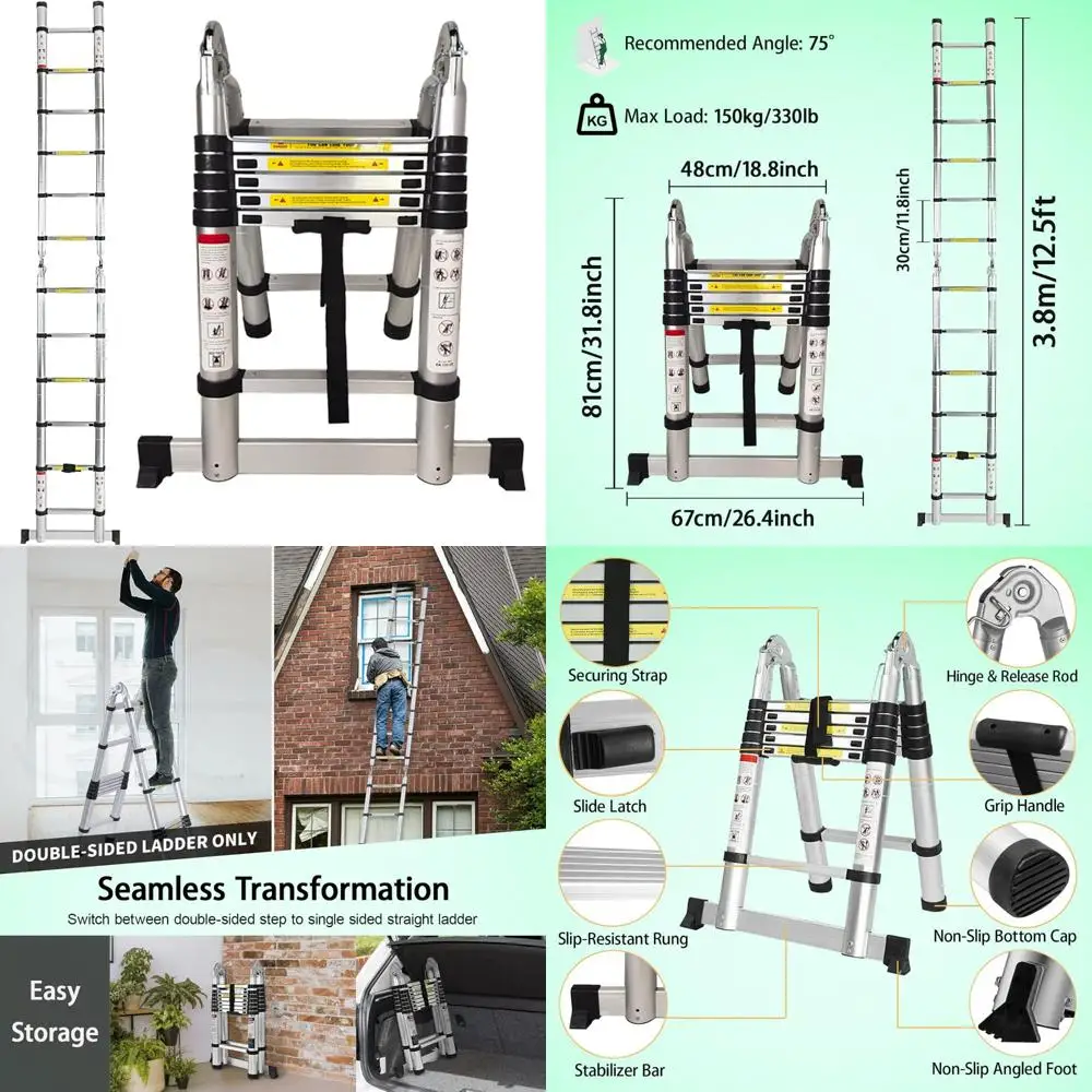 

Телескопическая алюминиевая удлинительная лестница, многофункциональная лестница с А-образной рамой 12,5 футов/3,8 м с грузоподъемностью 300 фунтов для дома и коммерческого использования