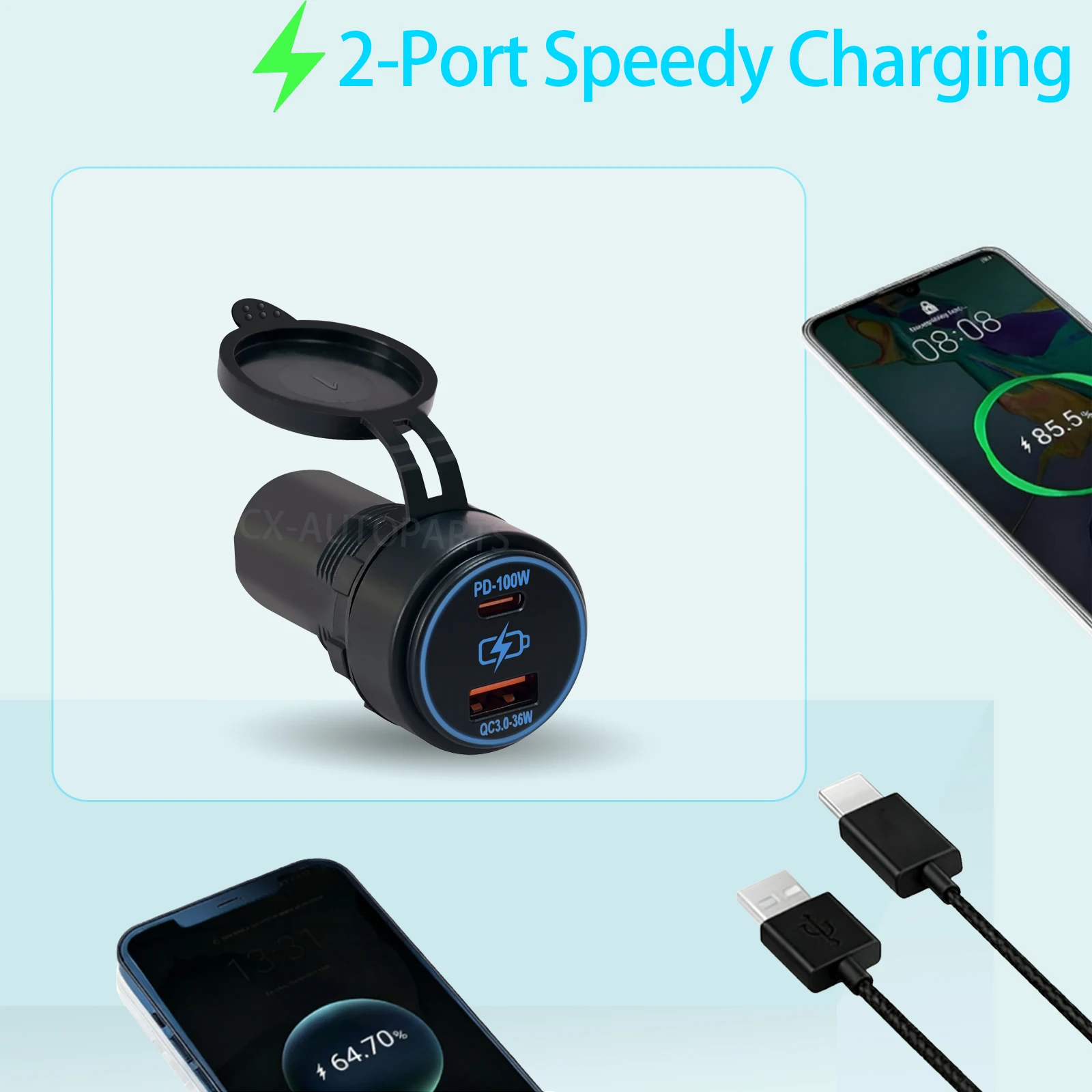 12V/24V Dual USB Quick Charger PD 100W Type C & Type A Power Socket Waterproof Car Push Switch Adapter For Boat RV Camper Yacht