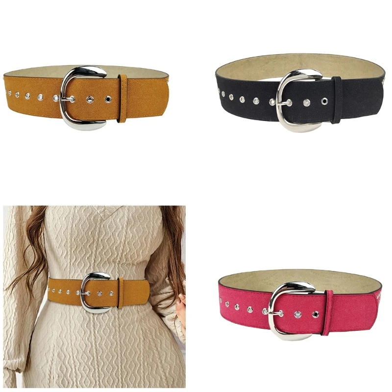 

Women Punk Rock Studded Beads Rivet Wide Waist Belt Adjustable Pin Buckle PU Leather Belt Waistband for Overcoat Dresses