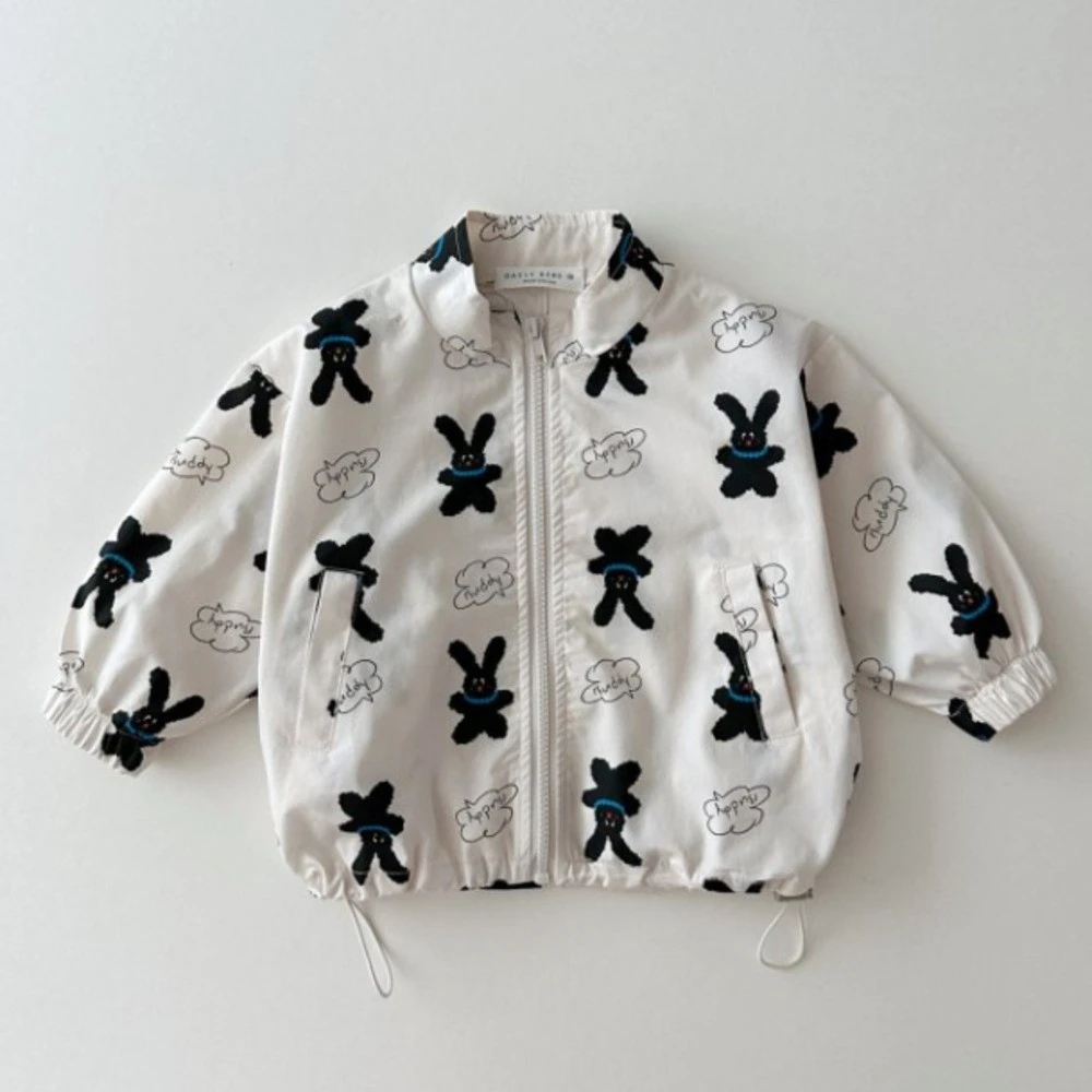 WT2407 Korean Children's Clothing Printed Stand Up Collar Casual Windproof Jacket Drawstring Jacket Cute Cartoon Zipper Top