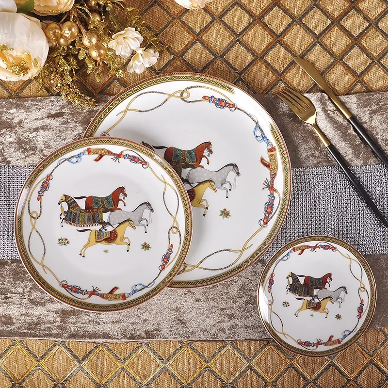 2021 neue abendessen platte luxus krieg pferd bone china geschirr set königlichen fest porzellan westliche platte gericht