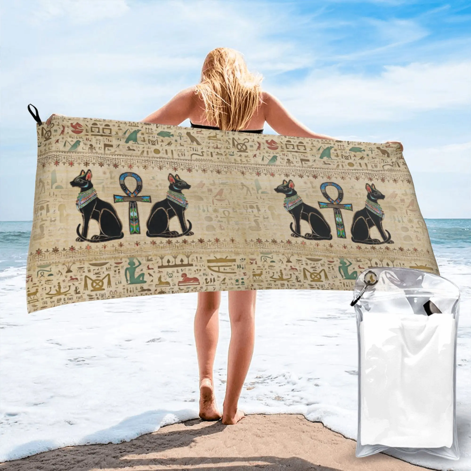 Egyptian Cats and ankh cross Beach Towel Soft Microfiber Quick Dry Absorbent Quick Towels For Yoga