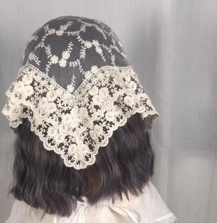 Vintage Lolita Head Scarf Triangle Lace Embroidered Headpiece for Women