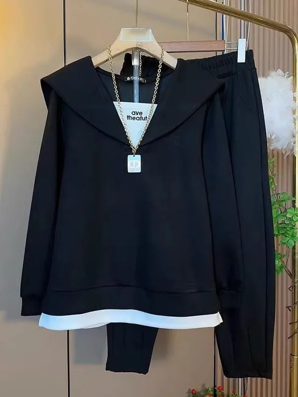 

Men's And Women's plus Size Fce Lined Hoodie Set Naval Collar Splicing Two Piece Casual Sportswear Spring Youth Faion