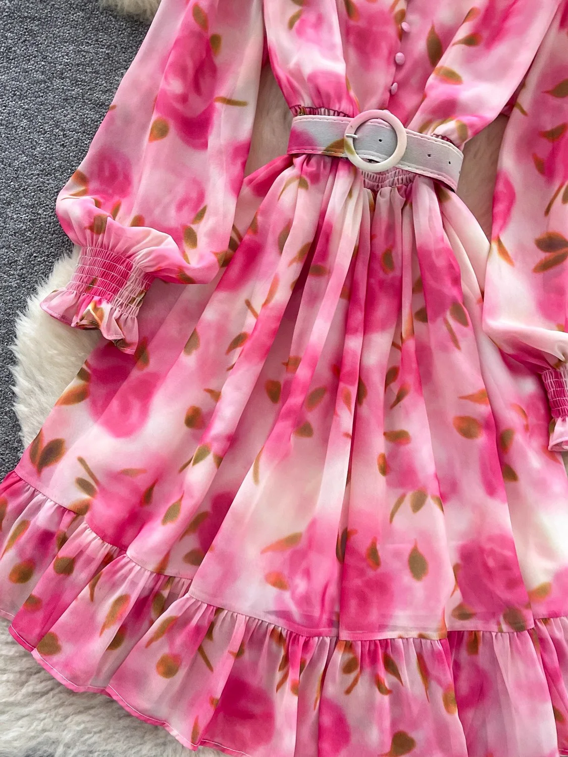 الخريف خمر المرأة المطبوعة فستان قصير أنيق فانوس كم طويل كشكش الخامس الرقبة ألف خط Vestidos عطلة الشاطئ موضة جديدة